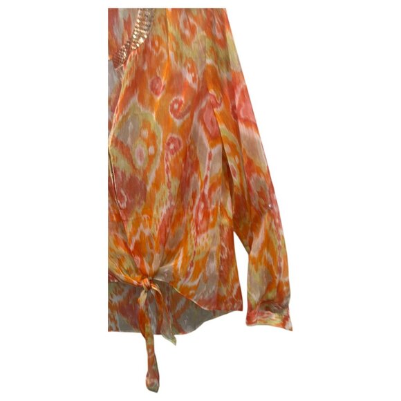 Chico’s Orange Sheer Tie-Front Blouse | Size M Embellished Button-Up Top - Picture 13 of 16